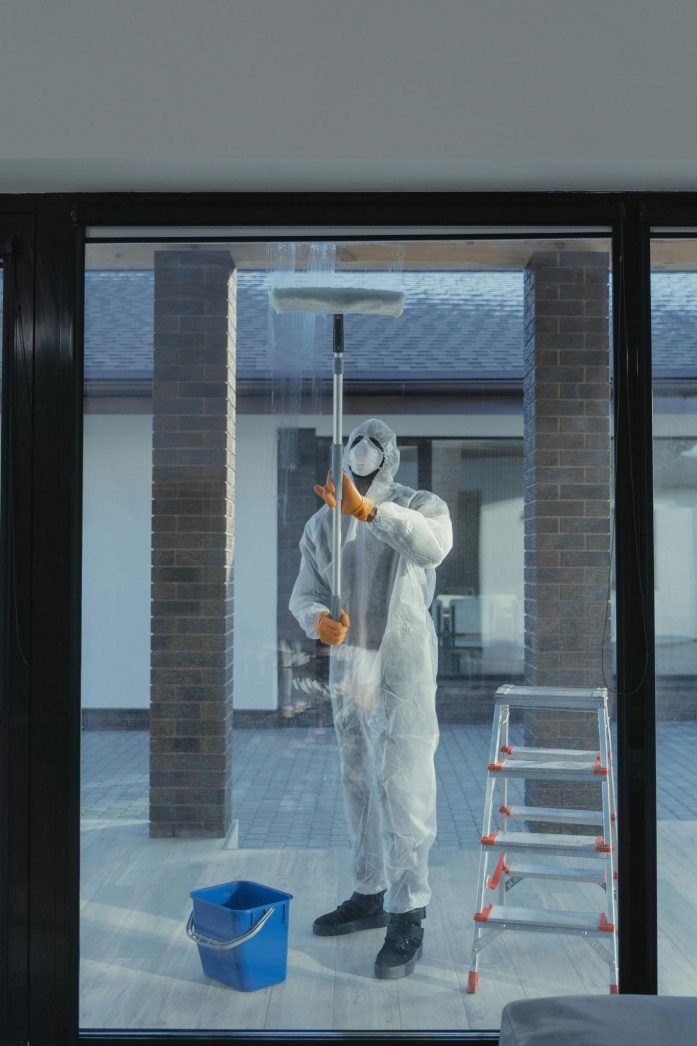 A man cleaning windows while wearing a hazmat suit